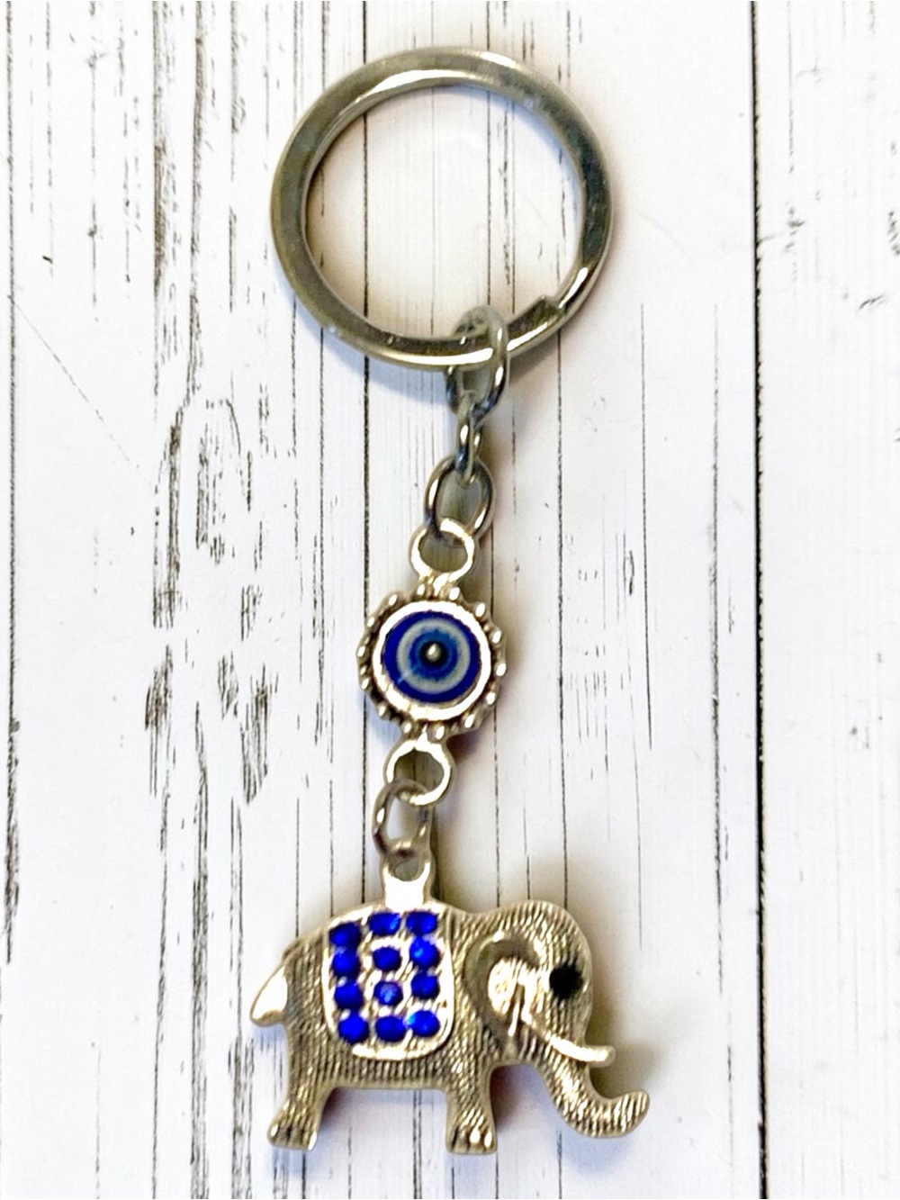 Blue Elephant Evil Eye Keychain - Silver-Tone Accent Handmade